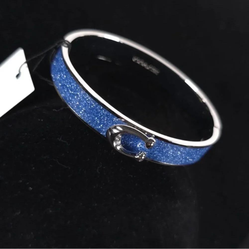 NWT COACH Signature C Logo Hinged Bangle Bracelet Sparkly Blue Enamel & Silver‎